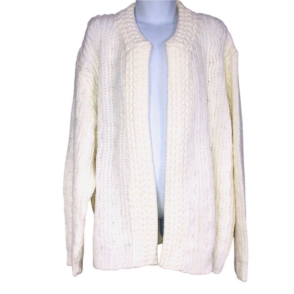 Vintage 60s Dotty Mann Cardigan Sweater Womens S White Open Front Long Sleeve